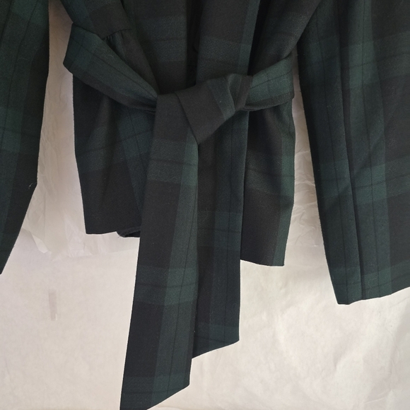 Chadwick Plaid Open Jacket Women Sz 14 Tartan Dark & Green Navy Belted Pleated - Picture 7 of 13